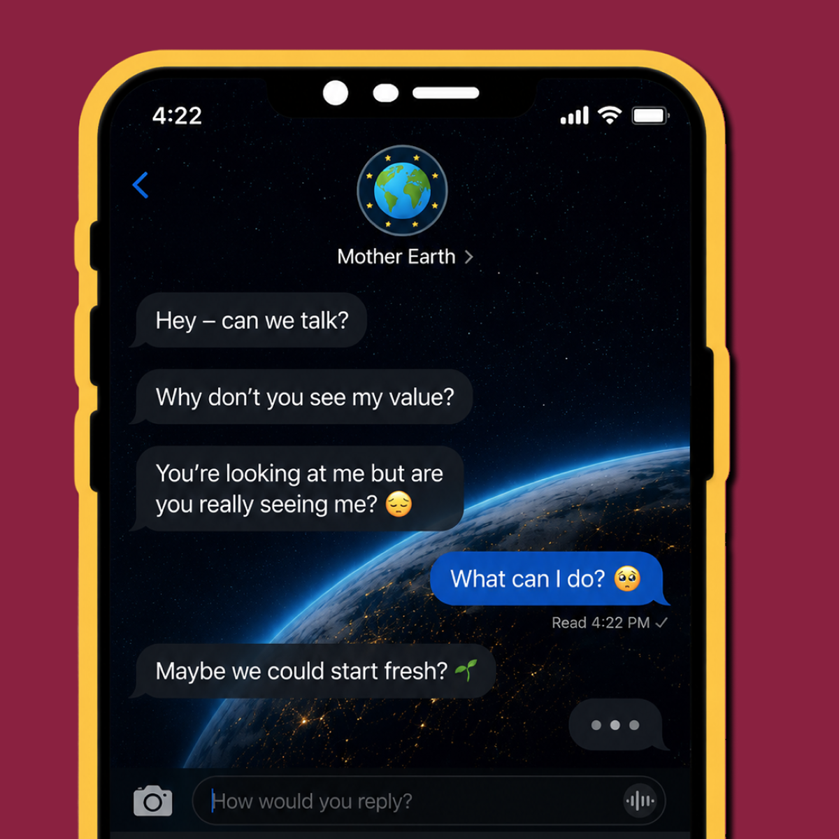 Cell phone with text messages to earth.